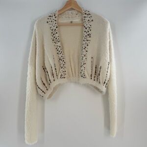 Anthropologie Knitted & Knotted Soiree Open Sweater White Gold Sequin Medium